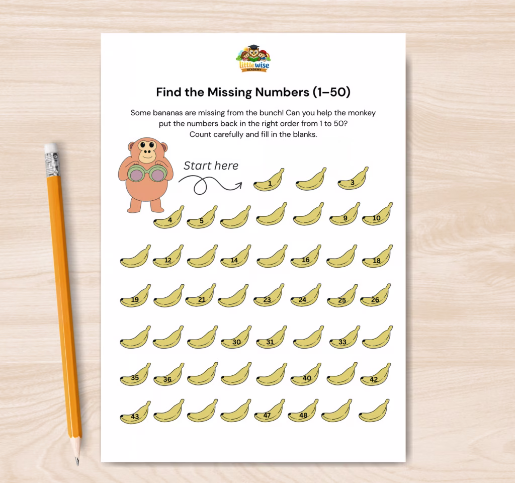 find the missing numbers 1 to 50 worksheet