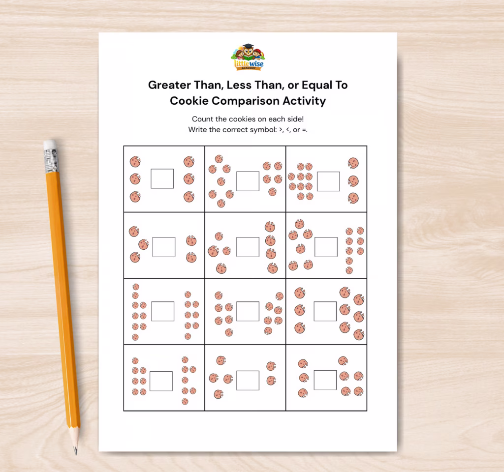 greater than less than or equal to cookie comparison worksheet