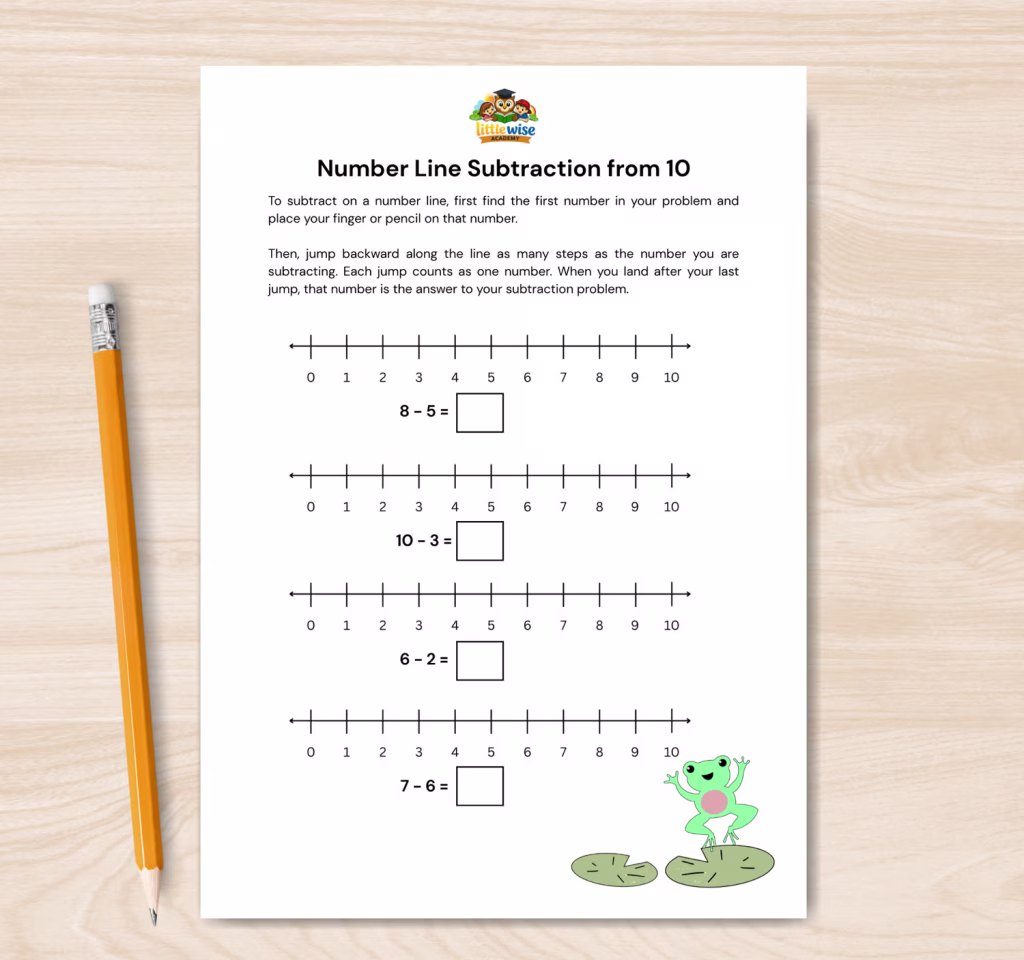 number line subtraction from ten worksheet